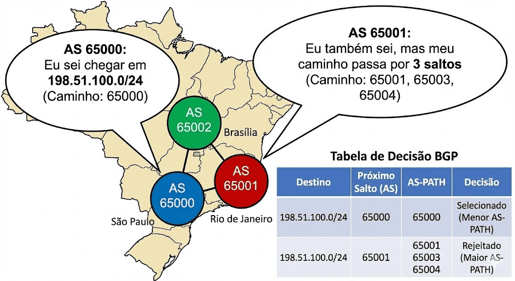 Mapa do Brasil com três AS (círculos grandes) conectados, mostrando anúncios BGP como balões de diálogo: "AS 65000: Eu sei chegar em 198.51.100.0/24", "AS 65001: Eu também sei, mas meu caminho passa por 3 saltos". Incluir uma tabela de decisão BGP ao lado.