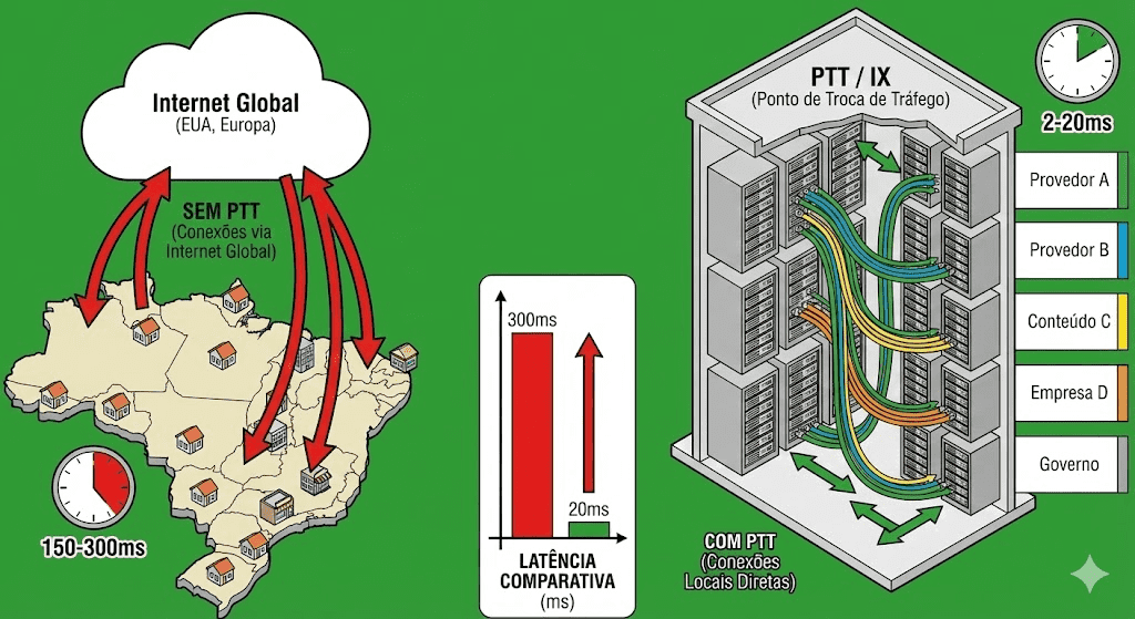 Desenho de um prédio (PTT) com vários "andares" (racks) e fios coloridos conectando diferentes participantes. De um lado, mostrar o cenário "Sem PTT" com linhas vermelhas indo para o exterior e voltando. Do outro lado, "Com PTT" com linhas verdes curtas e diretas. Incluir gráfico de latência comparativa.