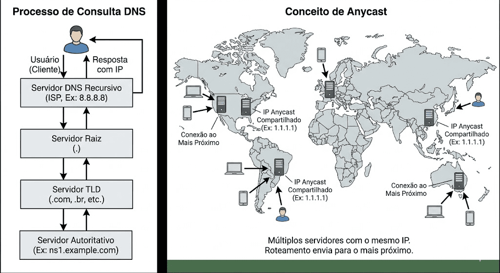Fluxograma vertical mostrando os passos de uma consulta DNS, com caixas para cada tipo de servidor (recursivo, raiz, TLD, autoritativo). Ao lado, mapa mostrando o conceito de Anycast com um único IP "espelhado" em vários pontos do globo, e usuários conectando ao mais próximo.