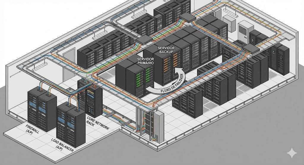 Vista isométrica de um datacenter mostrando a hierarquia: na entrada o firewall e load balancer, depois fileiras de servidores organizados em racks, sistemas de storage, e conexões de rede. Destacar redundância com servidores marcados como "primário" e "backup", com setas mostrando o fluxo de failover.