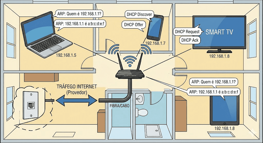 Diagrama mostrando um apartamento com múltiplos dispositivos (notebook, celular, smart TV, tablet) conectados ao roteador Wi-Fi, com balões de diálogo mostrando as trocas ARP e DHCP. Setas indicando o tráfego entrando e saindo através do cabo/fibra do provedor.