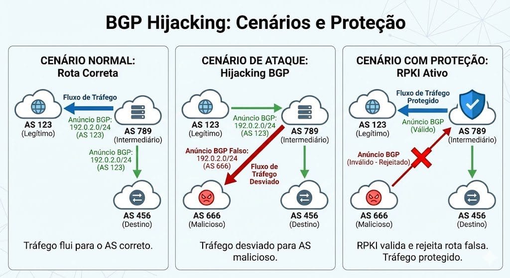 Diagrama de ataque BGP hijacking mostrando três cenários lado a lado:Normal: AS correto anuncia rota, tráfego flui corretamenteAtaque: AS malicioso anuncia rota falsa, tráfego é desviadoProteção: RPKI detecta anúncio inválido, rota é rejeitada