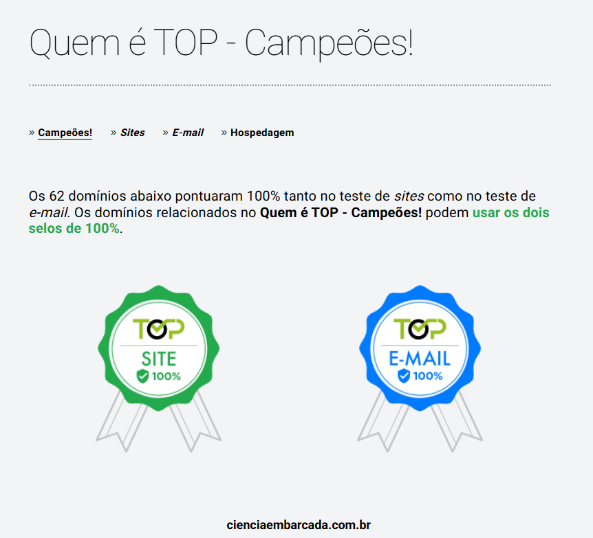 Cienciaembarcada.com.br: Novo domínio TOP 100% no top.nic.br